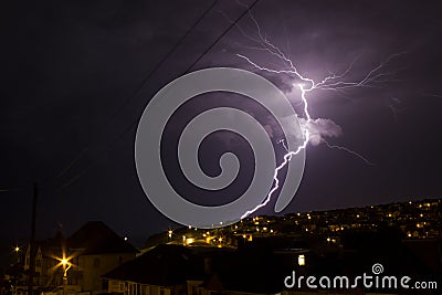 Lightning in Saltdean, Brighton, interesting large bolt of lightning. Stock Photo