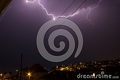 Lightning in Saltdean, Brighton, interesting thick bolt of lightning. Stock Photo