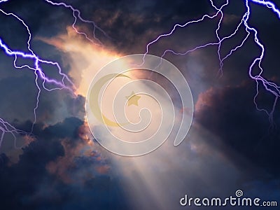 Lightning sky with Islamic Cresent Stock Photo