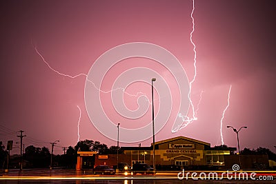 Lightning Storm Above Apple Market in Kearney, Nebraska Editorial Stock Photo