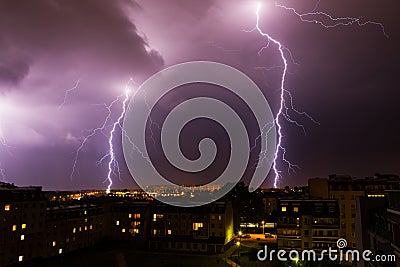 Lightning storm over city. Stock Photo