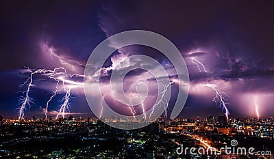 Lightning storm over city Stock Photo