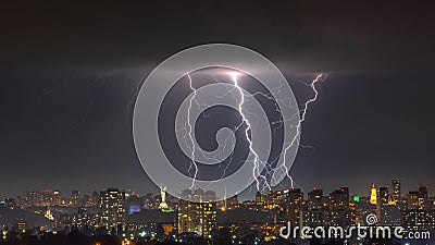 Lightning storm over the city at the summer heavy rain. Dramatic, breathtaking atmospheric natural phenomenon. Kyiv, Ukraine Editorial Stock Photo