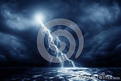 Lightning storm sea near Stock Photo