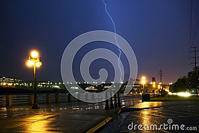 Lightning strike over Mississippi river and bridges, downtown. Saint Paul, Minnesota Stock Photo