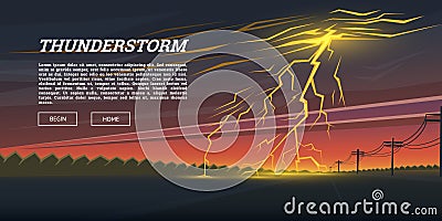 Lightning Strike and Rain. Thunderstorm day in the valley Background. thunder bolt, sparkle flash glow effect. Night Vector Illustration