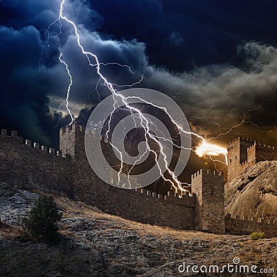 Lightning strikes fortress Stock Photo