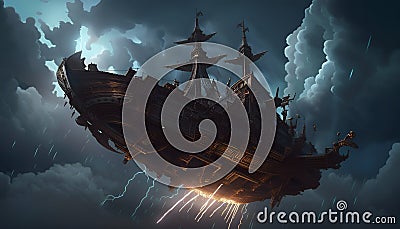 lightning strikes a mysterious ship floating in the sky Stock Photo