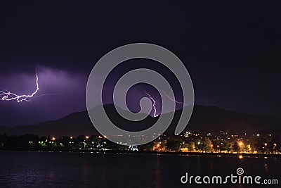 Lightning strikes over city of Ioannina, Epirus, Greece Stock Photo