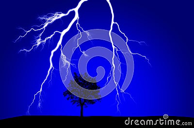 Lightning Striking Near Silhouetted Tree Stock Photo