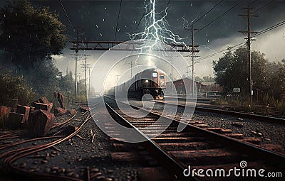 Lightning Struck Railroad Tracks Realistic. Generative AI Stock Photo