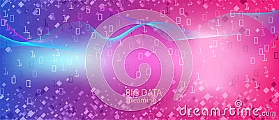 Lightning Tech Vector Landing Page. Matrix Falling Binary Code. Blue Pink Purple Background. Digital Equalizer Slide. Fractal Vector Illustration