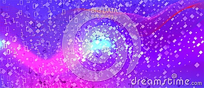 Lightning Tech Vector Wallpaper. Cyber Futuristic Slide. Matrix Falling Binary Code. Blue Purple Pink Background. Technology Vector Illustration