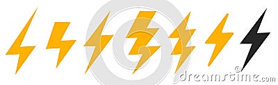 Lightning thunder bolt icon vector simple graphic silhouette yellow black image clipart set, thunderbolt volt electric energy Vector Illustration