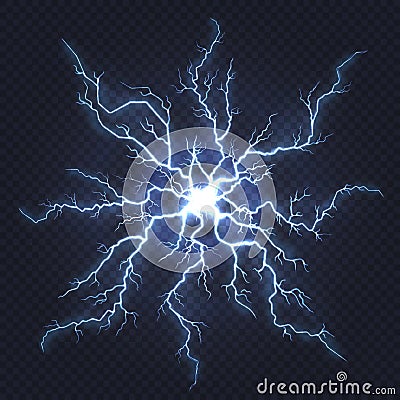 Lightning thunder. Flash electricity, spark strike, blue light blitz electric flare, natural energy flash lightning Vector Illustration