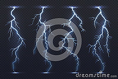 Lightning. Thunder storm electricity blue sky flash stormy realistic thunderstorm rainstorm climate. Lightnings vector Vector Illustration