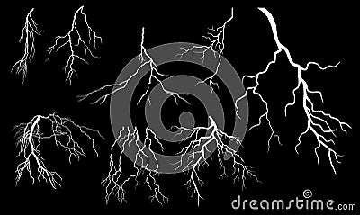 Lightning Thunder Storm Zapping Vector Silhouette Set Isolated on Black Background Vector Illustration