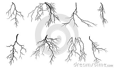 Lightning Thunder Storm Zapping Vector Silhouette Set Isolated on White Background Vector Illustration