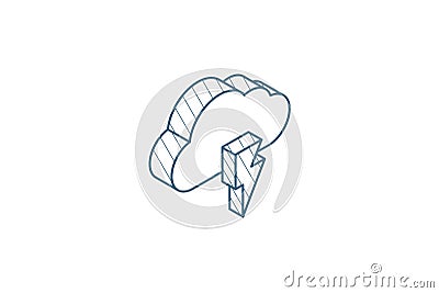 Lightning, thunderstorm cloud, weather isometric icon. 3d line art technical drawing. Editable stroke vector Cartoon Illustration