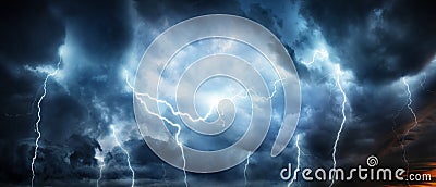 Lightning thunderstorm flash over the night sky. Concept on topi Stock Photo