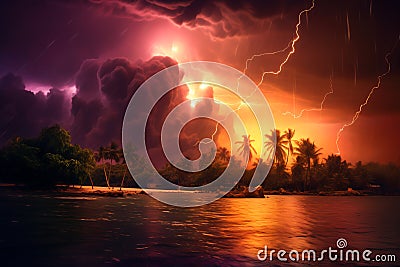 Lightning thunderstorm flash over the night sky. Lightning storm concept over tropical island Stock Photo