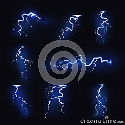 Lightnings realistic. Thunder light sparks, storm flash, thunderstorm blitz. Power energy charge, electric voltage Vector Illustration