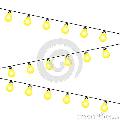 Lights bulbs isolated on white background. Glowing golden Christmas garlands string. Vector New Year party lights decorations Stock Photo