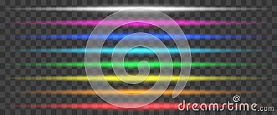 Lights lines set in different colors, luminous neon lines isolated, glowing laser beams streaks on dark background - vector Vector Illustration