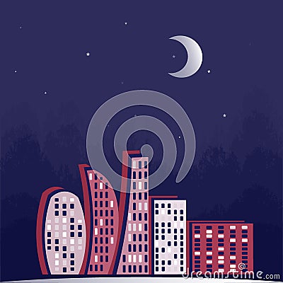 Lights of the night city, a magical city starry night. Mysticism. Surreal. Design element. Magic Vector Illustration