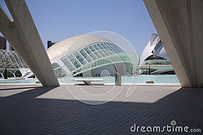 Lights and shadows and the Hemisferic building at Modern building at the City of Arts and Sciences of Valencia, Spain Editorial Stock Photo