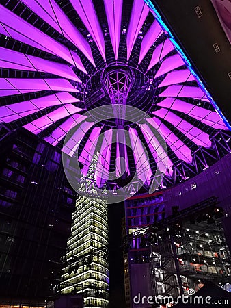 Purple lights of Sony center in Berlin Stock Photo