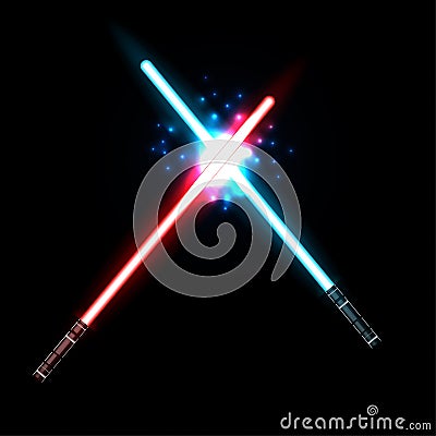 Lightsaber, Two Crossed Light Swords Fight. Blue and Red Crossing Lasers. Design Elements for Your Business Projects. Vector Cartoon Illustration