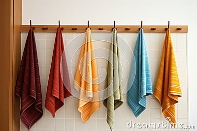 Lightweight Kitchen colorful towels hanging on rack. Generate AI Stock Photo
