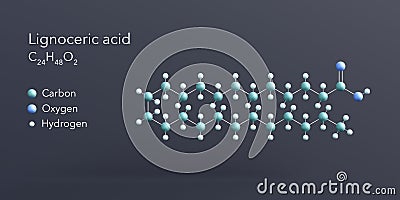 lignoceric acid molecule 3d rendering, flat molecular structure with chemical formula and atoms color coding Stock Photo