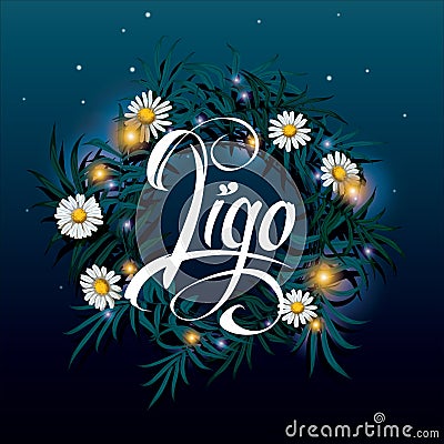 Ligo. Midsummer. Latvian midsummer holiday calligraphy with floral background. Lettering with vector illustration. Vector Illustration