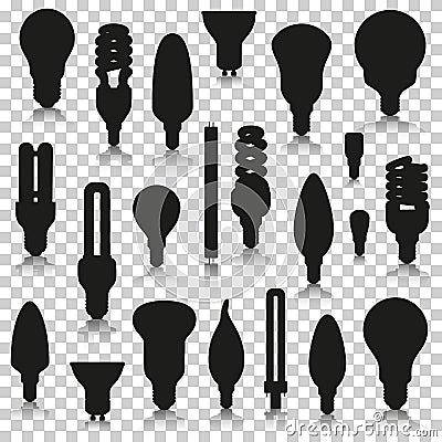 Ligth lamps set. Silhouette icons with reflection on transparent background Vector Illustration