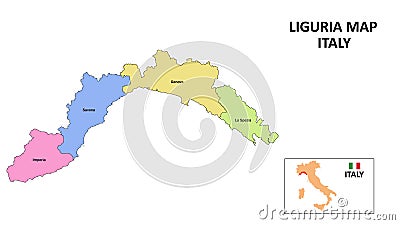 Liguria Map. District map of Liguria in District map of Liguria in color with capital Vector Illustration