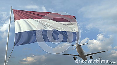 Lijnvliegtuig die over golvende vlag van Nederland vliegen 3D animatie stock illustratie Lijnvliegtuig die over golvende vlag van Nederland vliegen 3D animatie stock illustratie