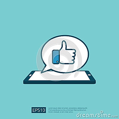 like bubble message symbol on phone screen media. hand thumbs up button logo icon. Social network flat design style banner concept Vector Illustration