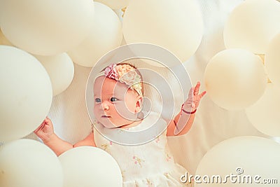 Like on catwalk. Sweet little baby. New life and birth. Small girl. Happy birthday. Family. Child care. Childrens day Stock Photo