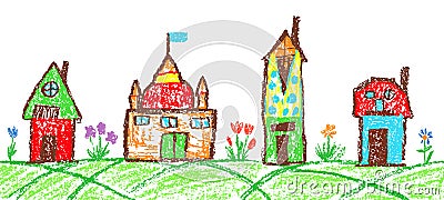 Like child`s hand drawn crayon colorful house set, summer border background. Vector Illustration