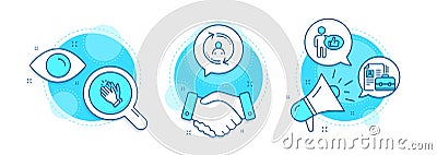 Like, Clapping hands and User info icons set. Vacancy sign. Thumbs up, Clap, Update profile. Hiring job. Vector Vector Illustration