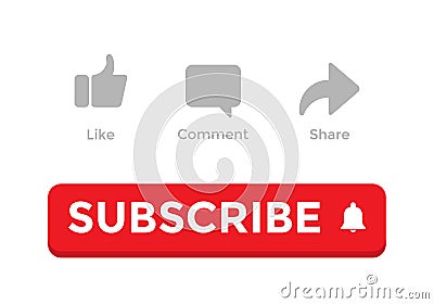 Like, Comment, Share, and Red Subscribe Button Vector Illustration. Icon Set for Channel Vector Illustration