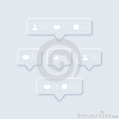 Like counter icon. Notification counter badge. Social media set notifications icons: like, follower, comment. Neumorphism icons Vector Illustration