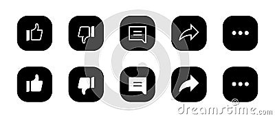 Like, dislike, comment, share and more menu. Icon set of streaming app Vector Illustration