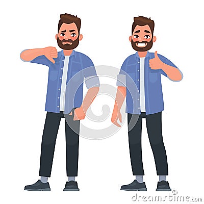 Like and dislike. Good and bad. A man shows a gesture of approval and disapproval Cartoon Illustration