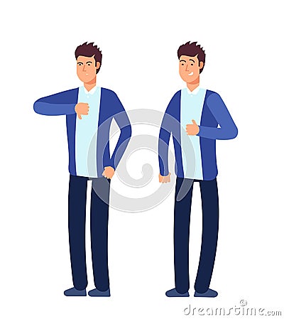 Like dislike man. Happy, angry businessman with good bad approvals gesture social media and business decision choice Vector Illustration