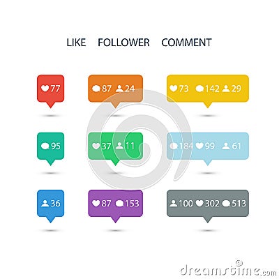 Like, follower, comment icons on white background. Vector Illustration