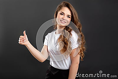 Like gesture approval sign smiling woman thumb up Stock Photo