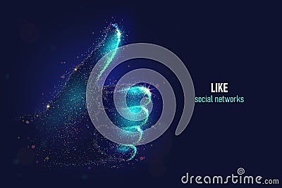 Like hand gesture vector illustration made of neon particles. Social network thumbs up sign consists of colorful dots Vector Illustration